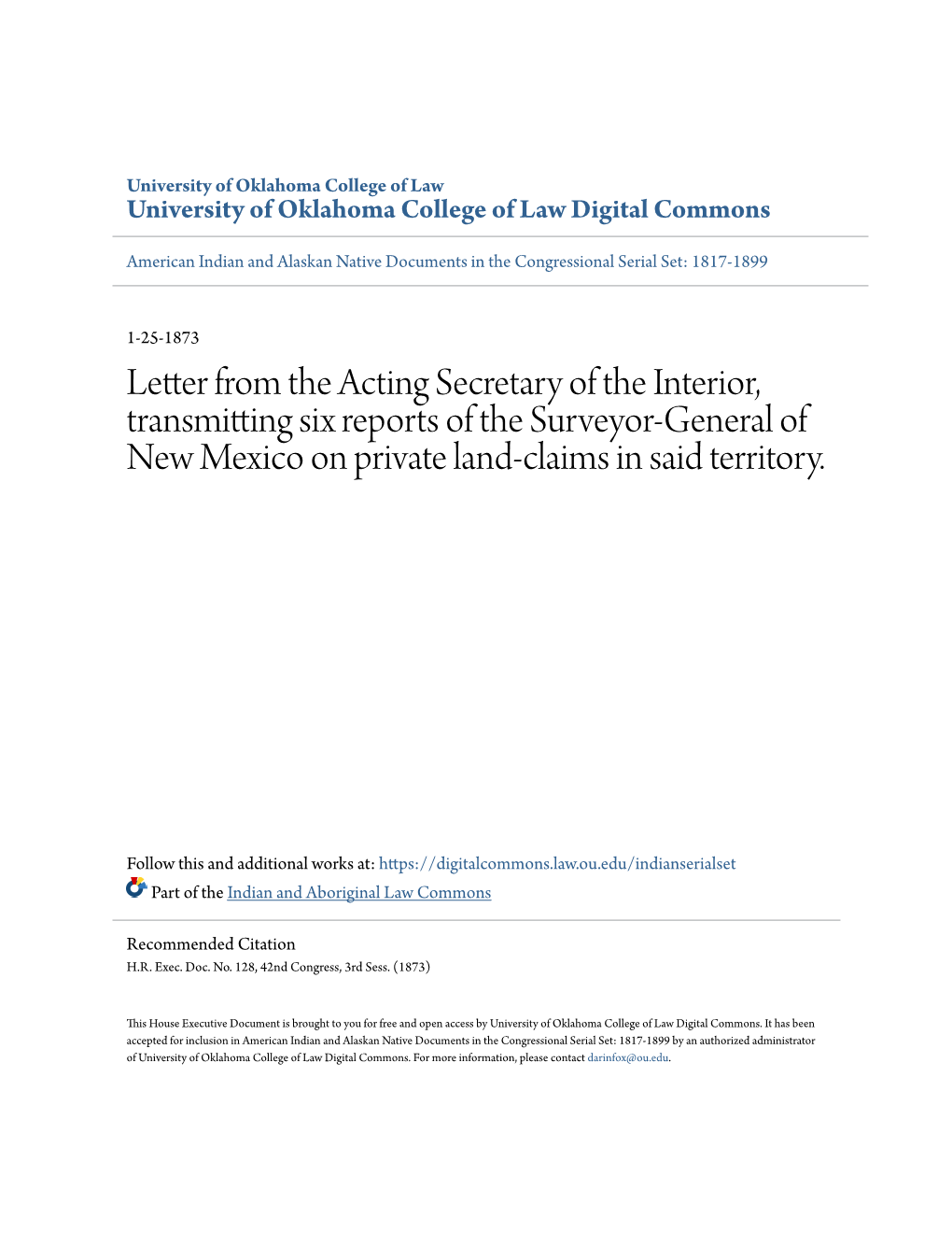 Letter from the Acting Secretary of the Interior, Transmitting Six Reports of the Surveyor-General of New Mexico on Private Land-Claims in Said Territory