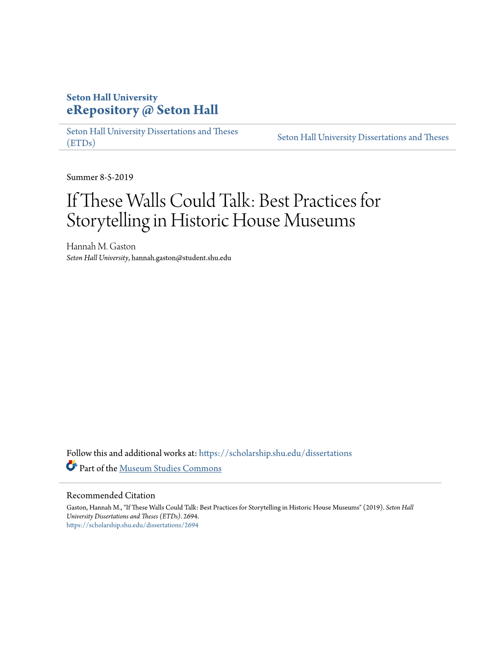 Best Practices for Storytelling in Historic House Museums Hannah M