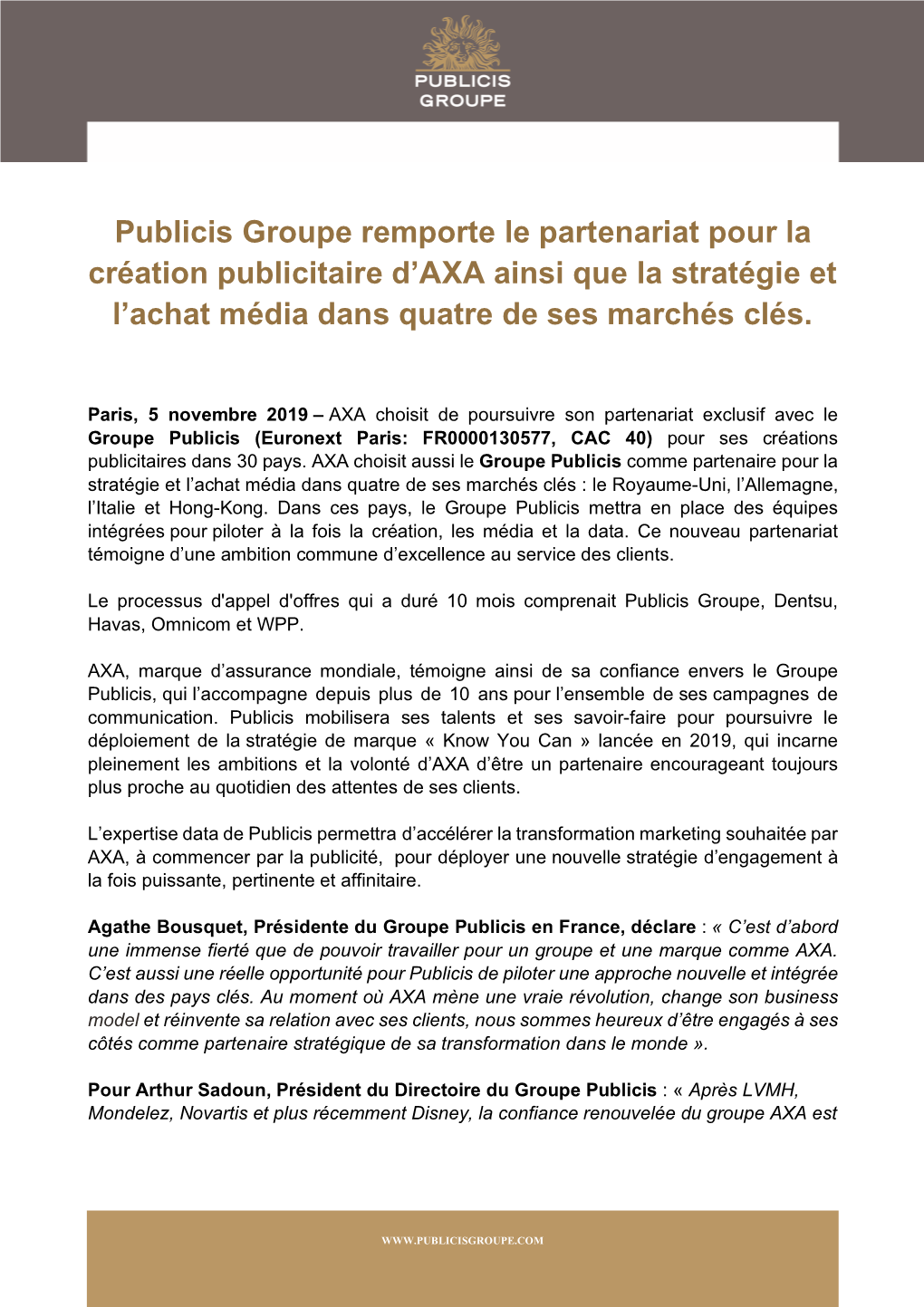 Publicis Groupe Remporte Le Partenariat Pour La Création Publicitaire D’AXA Ainsi Que La Stratégie Et L’Achat Média Dans Quatre De Ses Marchés Clés