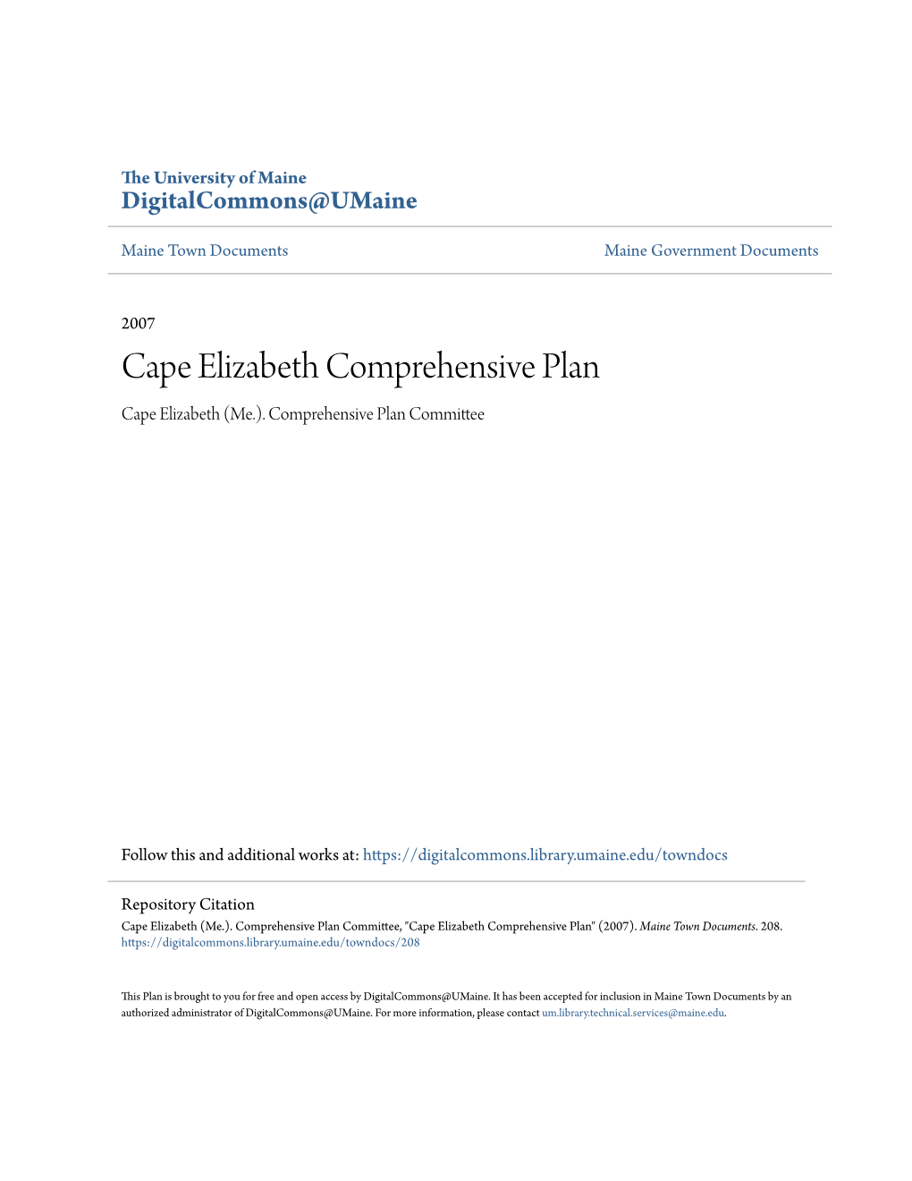 Cape Elizabeth Comprehensive Plan Cape Elizabeth (Me.)