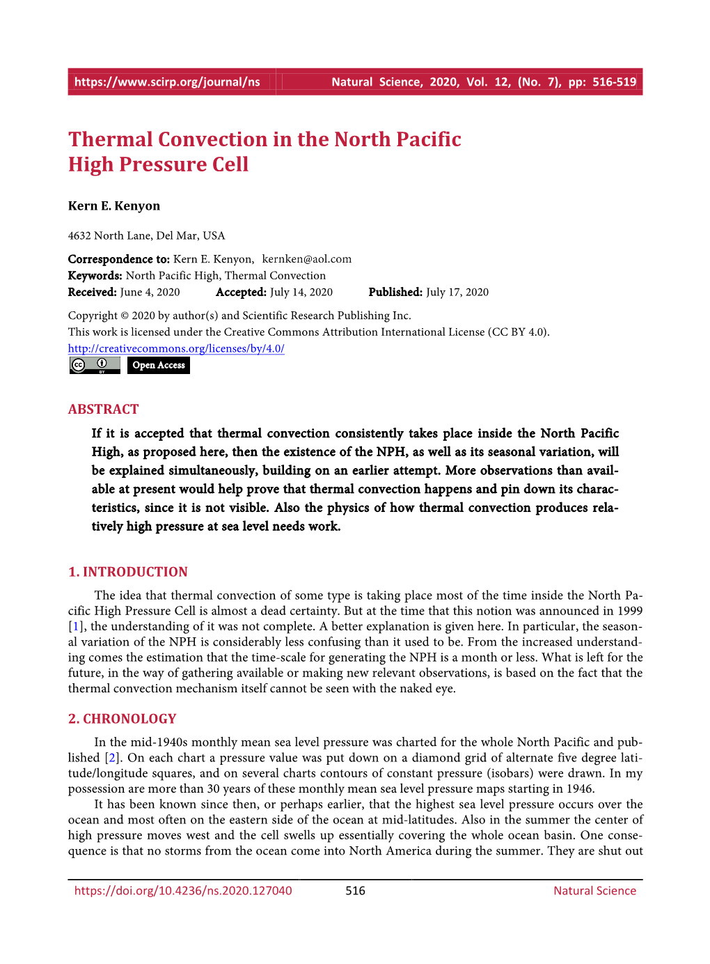 Thermal Convection in the North Pacific High Pressure Cell