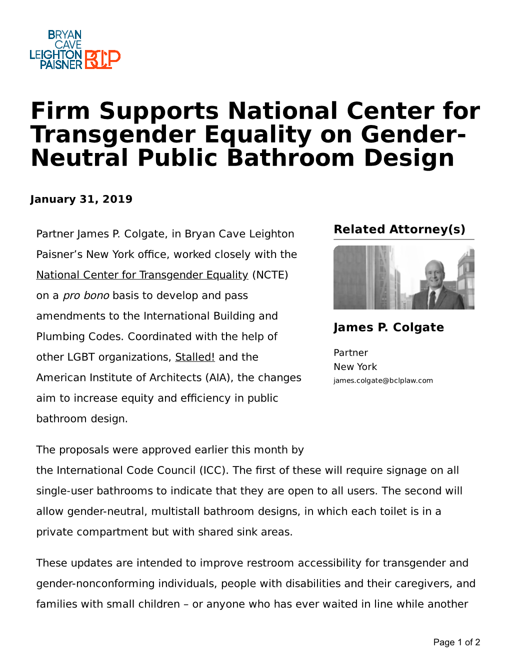 Firm Supports National Center for Transgender Equality on Gender- Neutral Public Bathroom Design