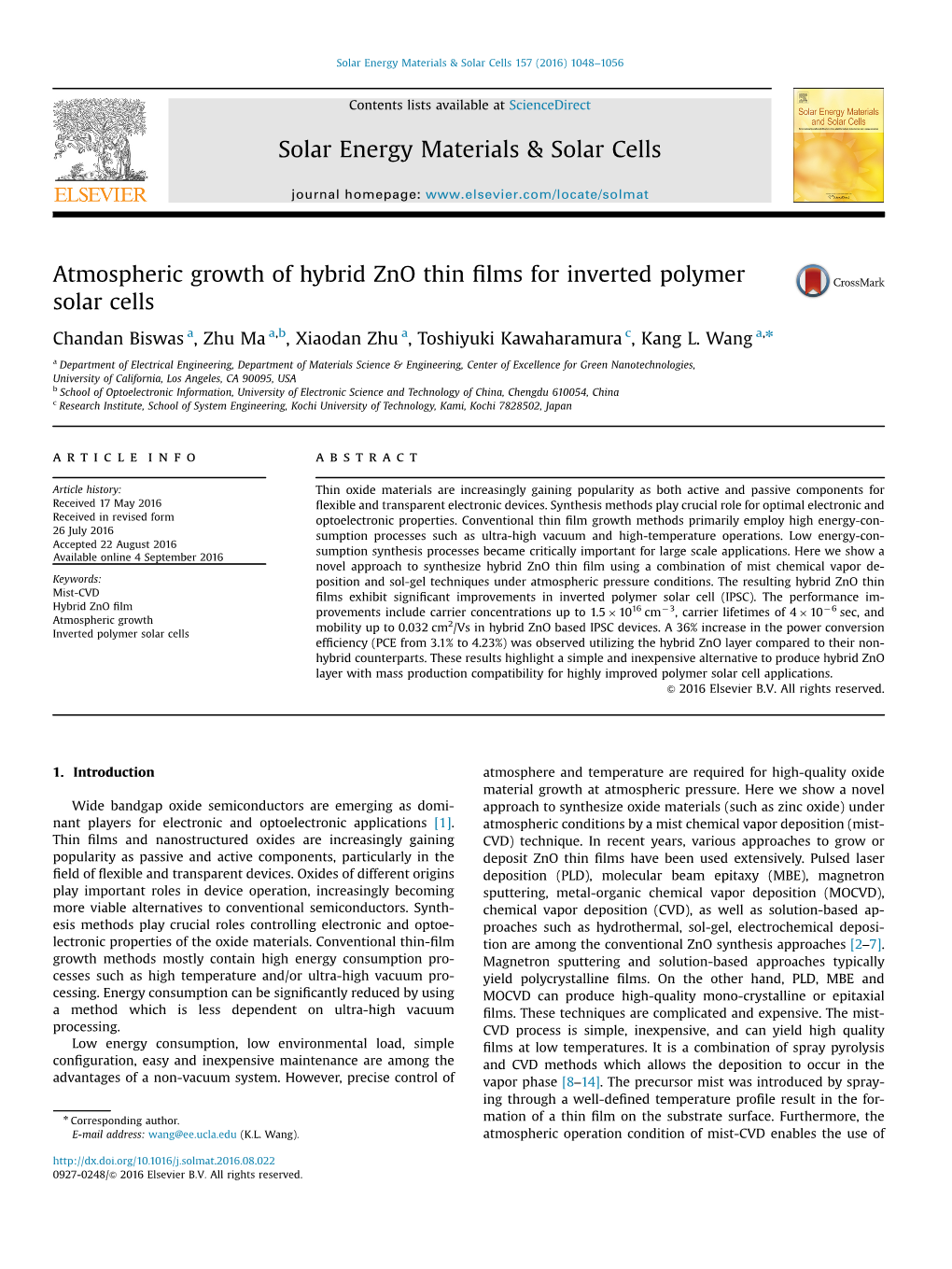 Atmospheric Growth of Hybrid Zno Thin Films for Inverted Polymer Solar Cells