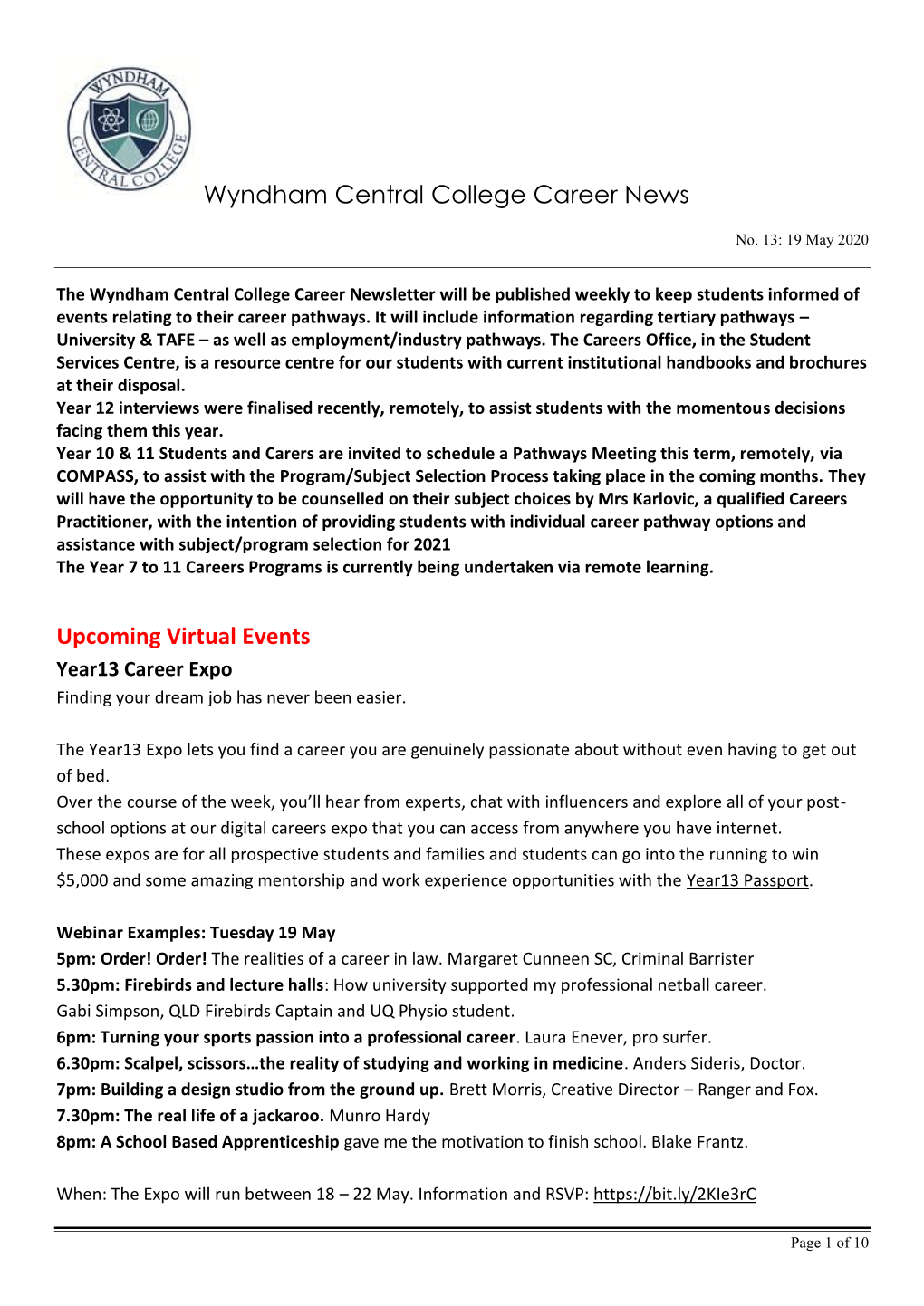 Wyndham Central College Career News Upcoming Virtual Events