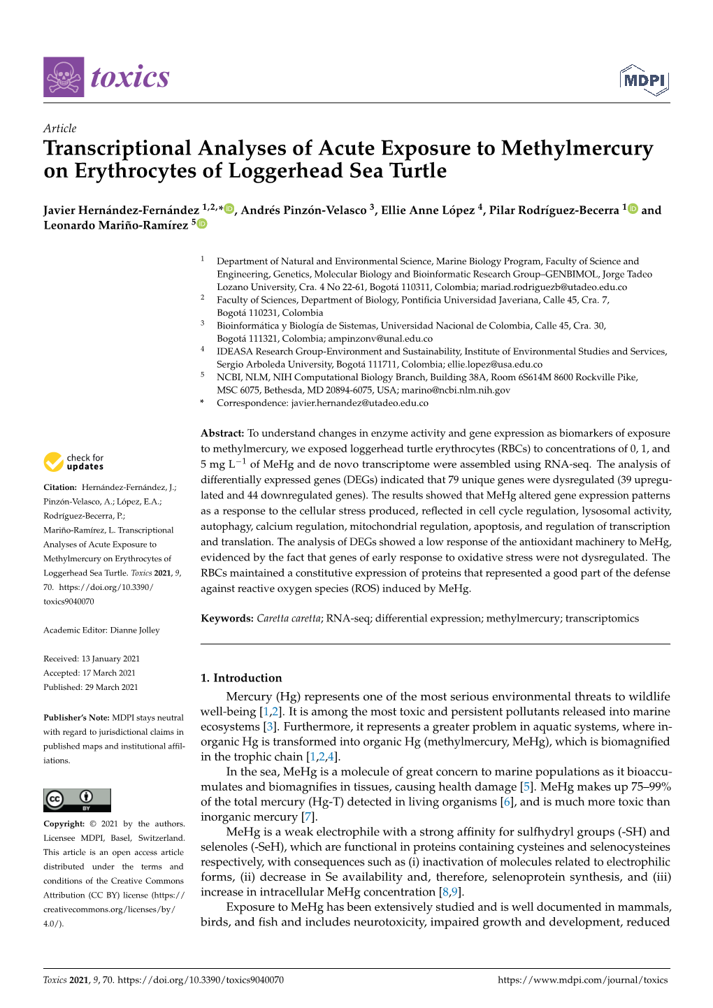 Transcriptional Analyses of Acute Exposure to Methylmercury on Erythrocytes of Loggerhead Sea Turtle