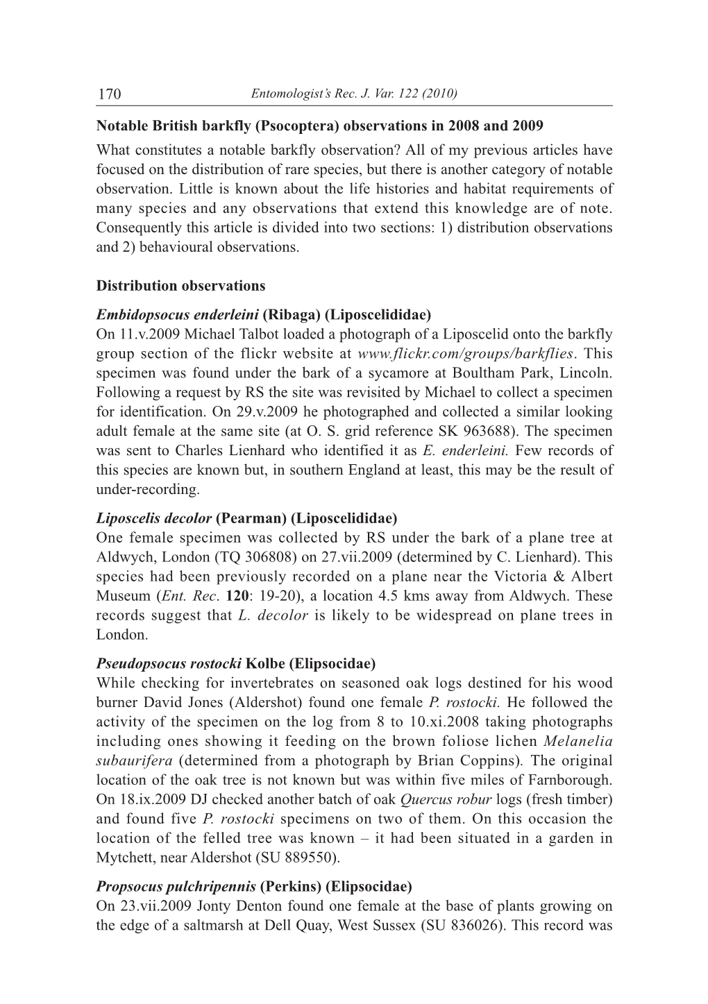 170 Notable British Barkfly (Psocoptera) Observations in 2008