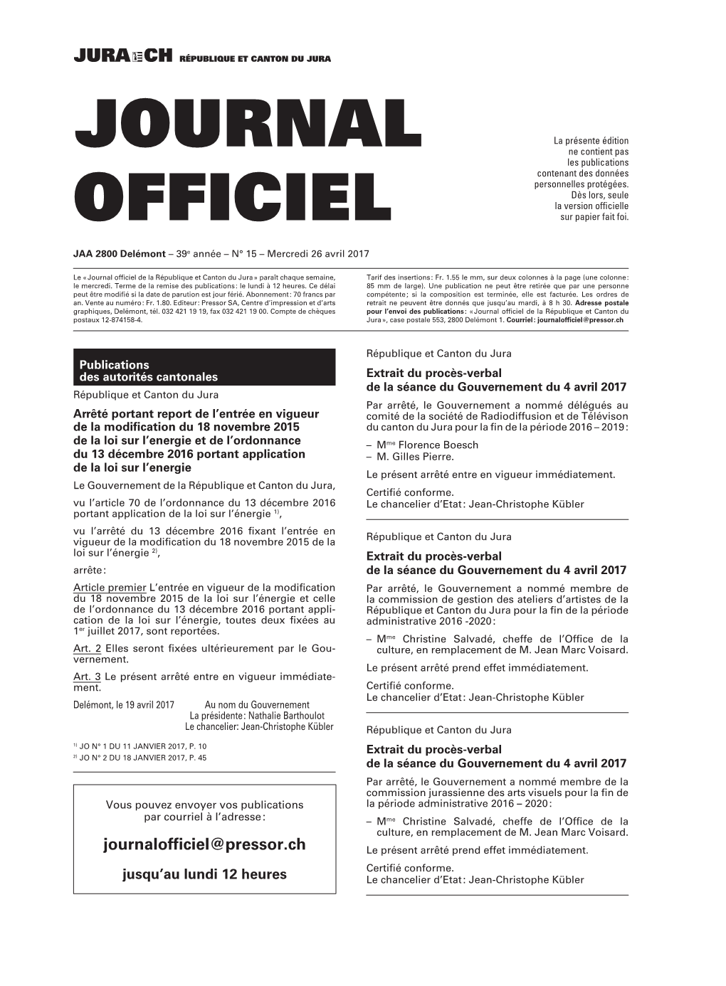 Journal Officiel De La République Et Canton Du Jura » Paraît Chaque Semaine, Tarif Des Insertions : Fr