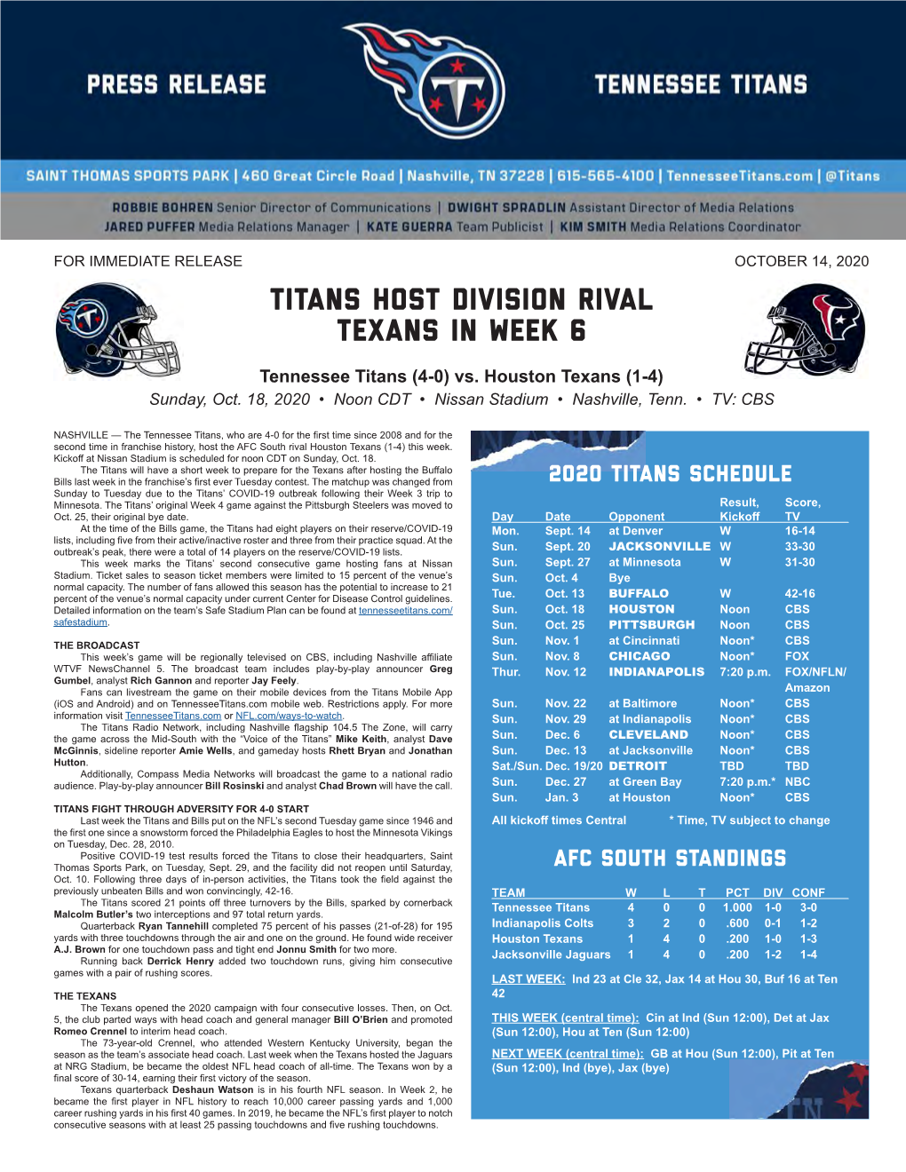 Titans Host Division Rival Texans in Week 6