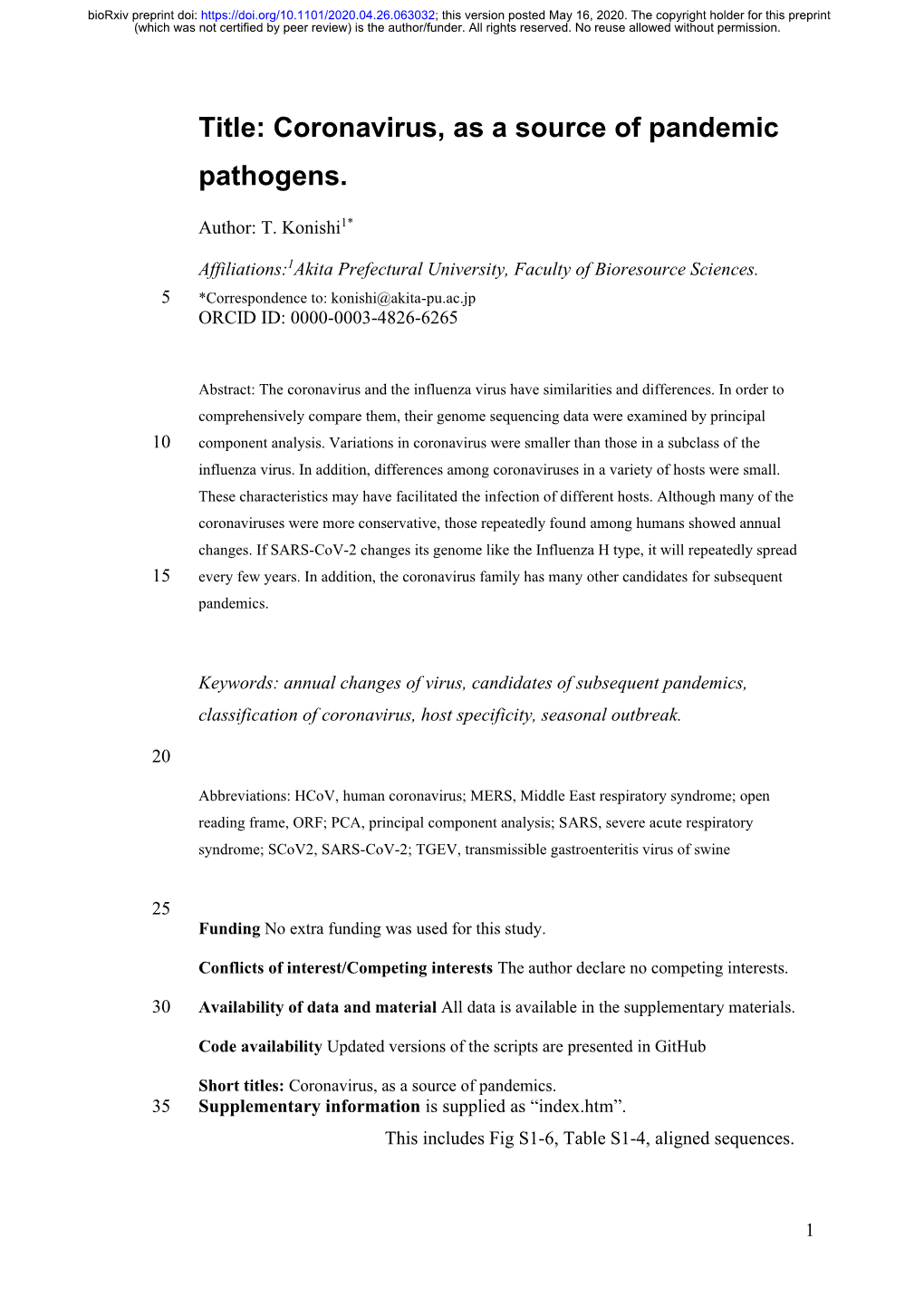 Coronavirus, As a Source of Pandemic Pathogens