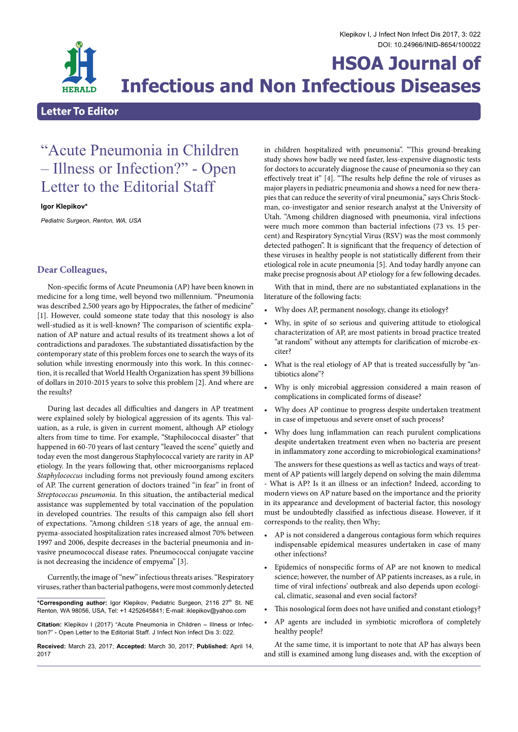 Acute Pneumonia in Children – Illness Or Infection?” - Open Letter to the Editorial Staff
