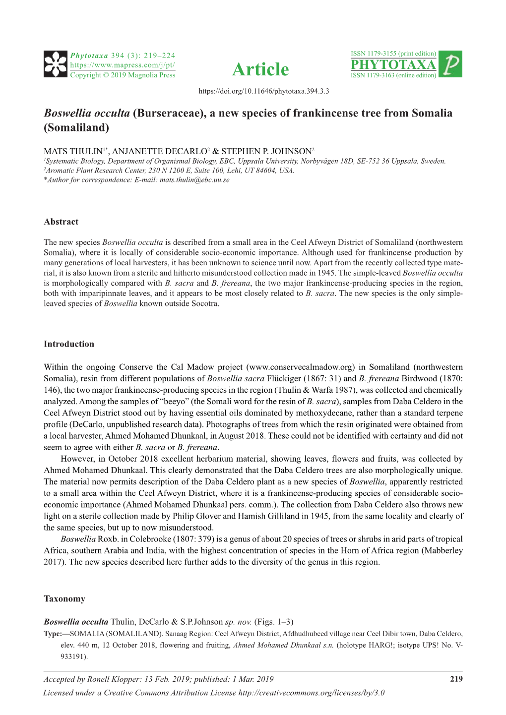 A New Species of Frankincense Tree from Somalia (Somaliland)