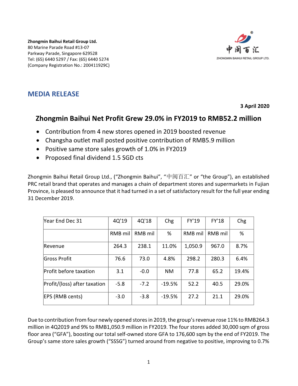 MEDIA RELEASE Zhongmin Baihui Net Profit Grew 29.0% in FY2019 To