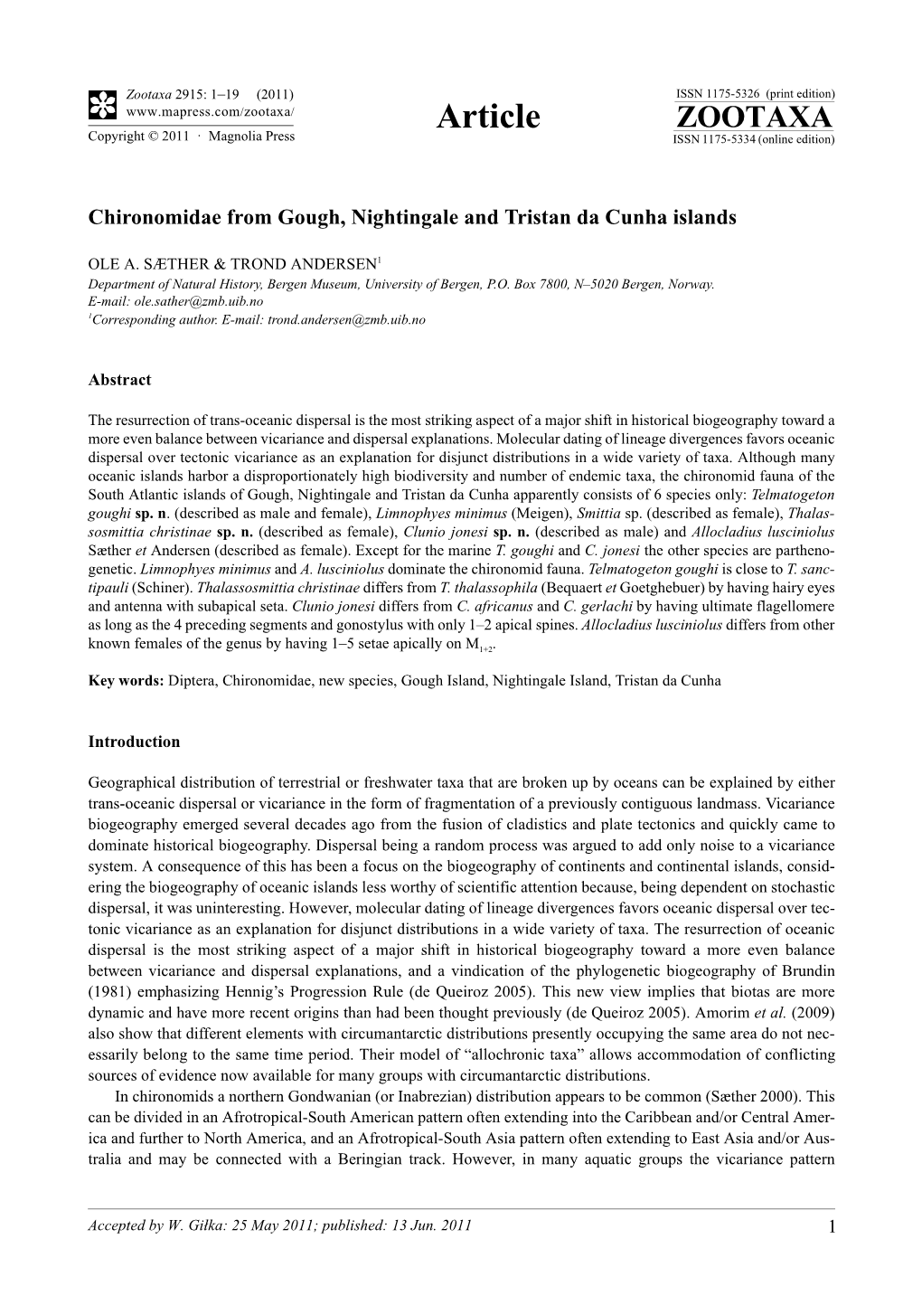 Chironomidae from Gough, Nightingale and Tristan Da Cunha Islands