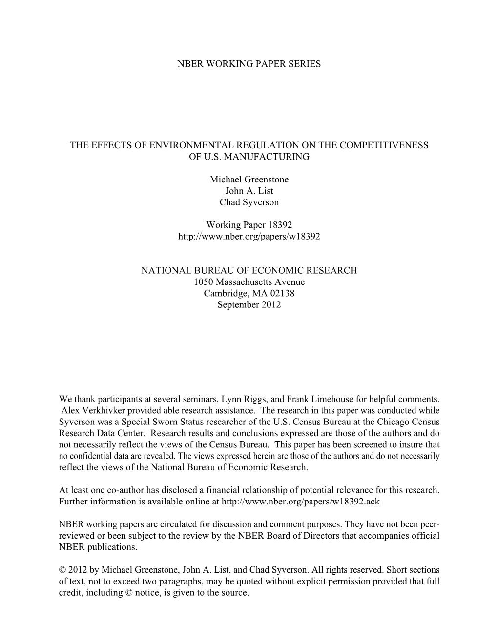 Environmental Regulations and Productivity Growth: the Case of Fossil-Fueled Electric Power Generation.” Journal of Political Economy, 91(4), 1983, 654-74