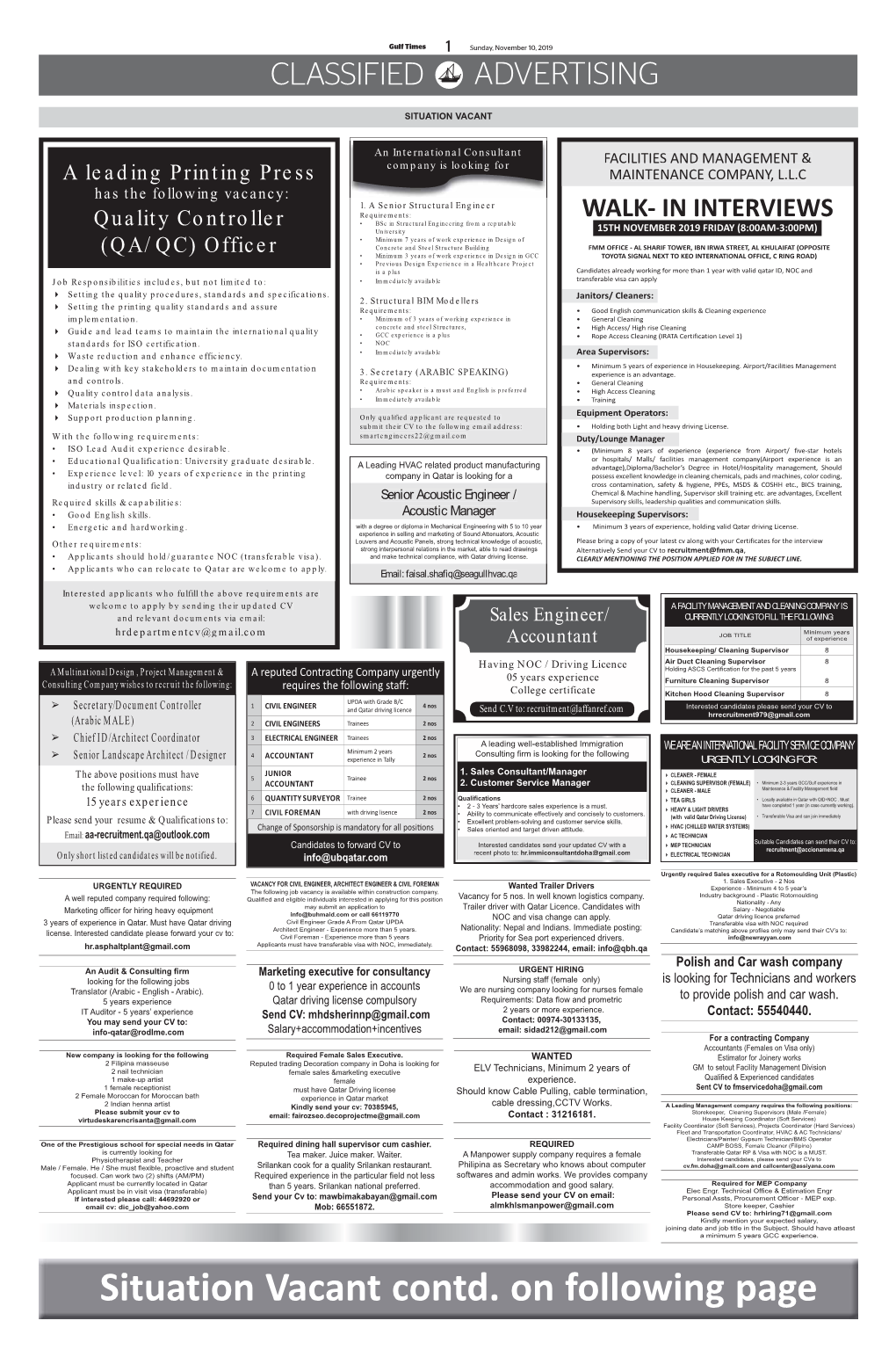 Situation Vacant Contd. on Following Page Gulf Times 2 Sunday, November 10, 2019 CLASSIFIED ADVERTISING