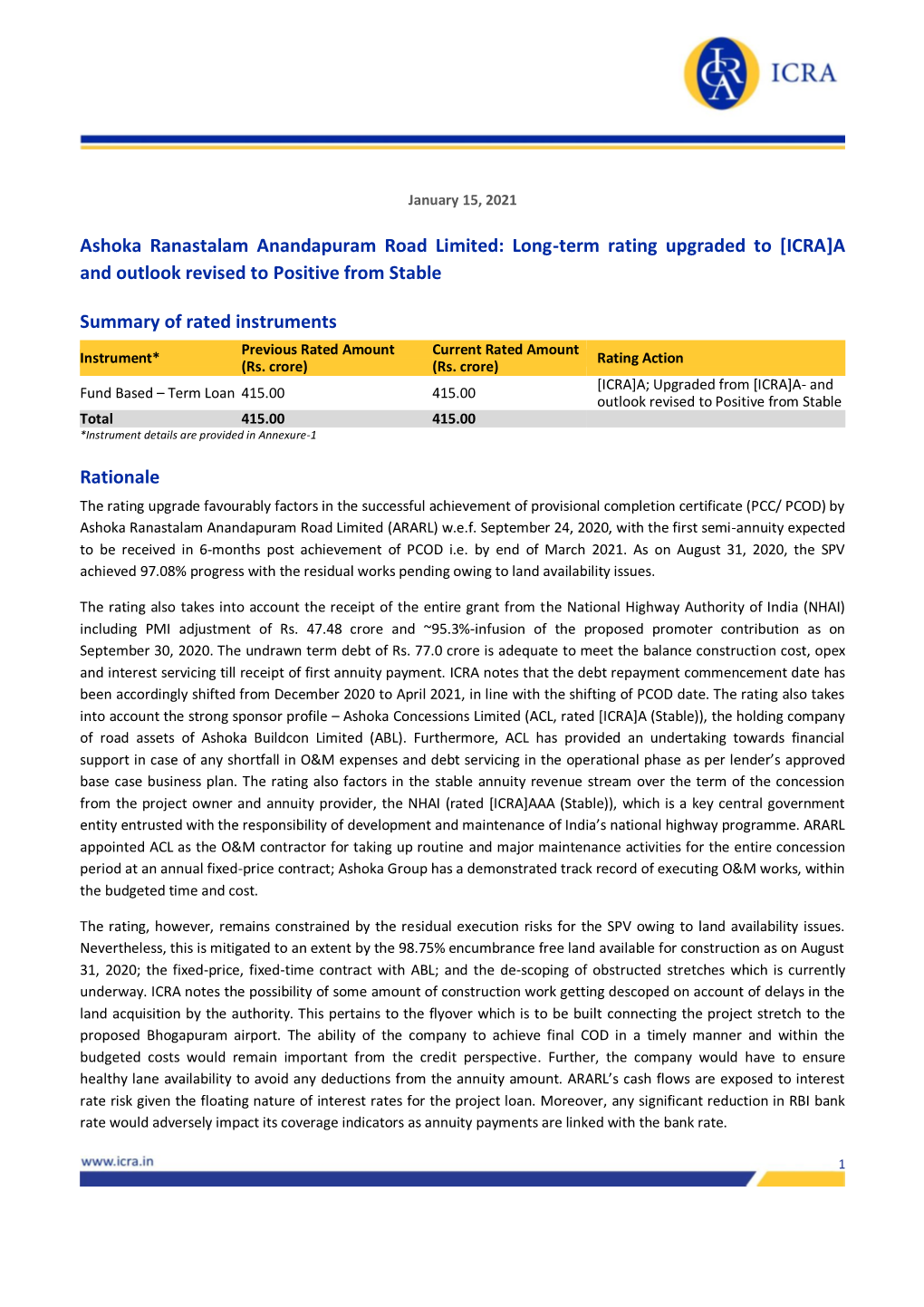 Ashoka Ranastalam Anandapuram Road Limited: Long-Term Rating Upgraded to [ICRA]A and Outlook Revised to Positive from Stable