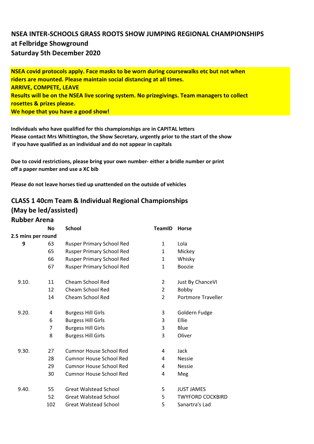 Felbridge Times 5.12.20 Entries for Times