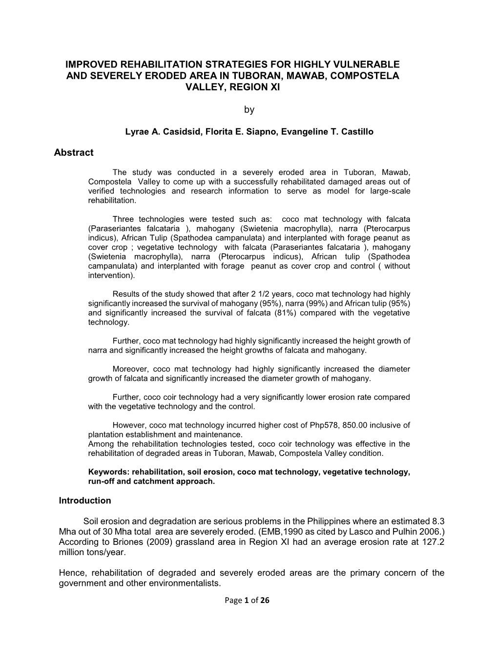 Improved Rehabilitation Strategies for Highly Vulnerable and Severely Eroded Area in Tuboran, Mawab, Compostela Valley, Region Xi