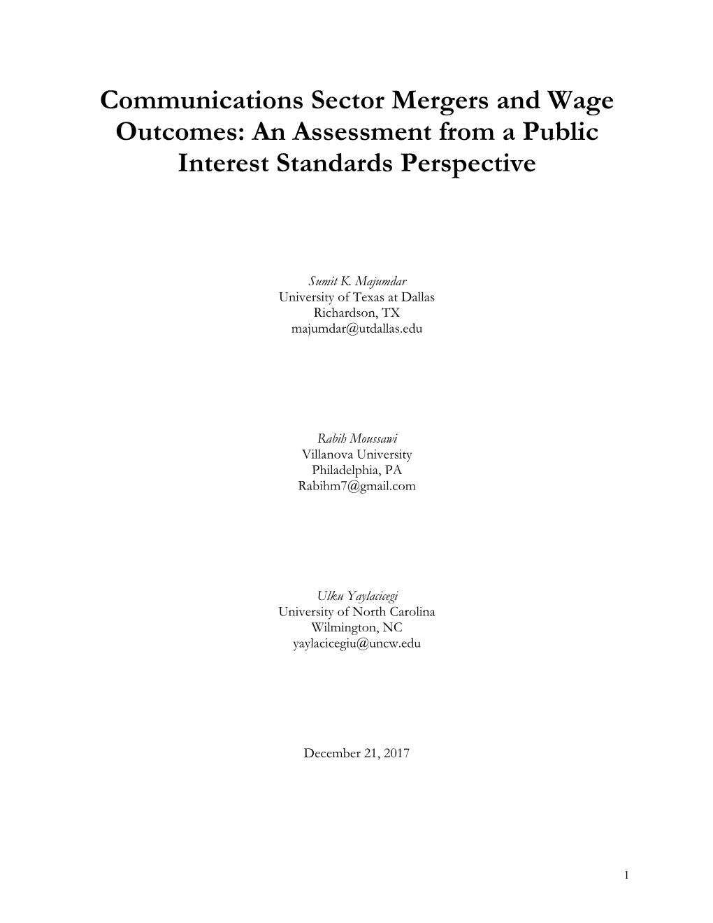 Communications Sector Mergers and Wage Outcomes: an Assessment from a Public Interest Standards Perspective