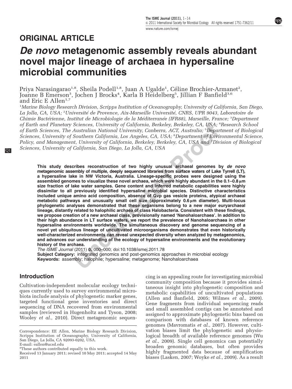 De Novo Metagenomic Assembly Reveals Abundant Novel Major Lineage of Archaea in Hypersaline Microbial Communities