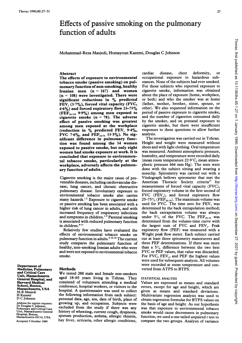 Effects of Passive Smoking on the Pulmonary Function of Adults Thorax: First Published As 10.1136/Thx.45.1.27 on 1 January 1990