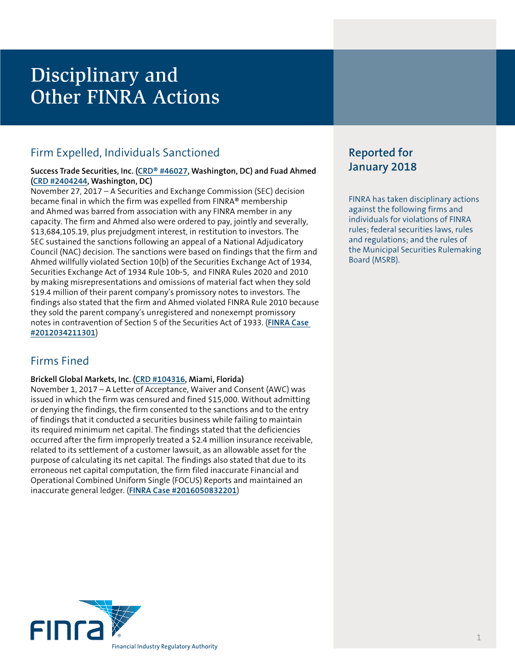 Disciplinary and Other FINRA Actions