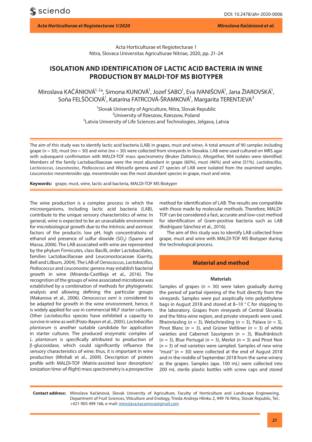 Isolation and Identification of Lactic Acid Bacteria in Wine Production by Maldi-Tof Ms Biotyper