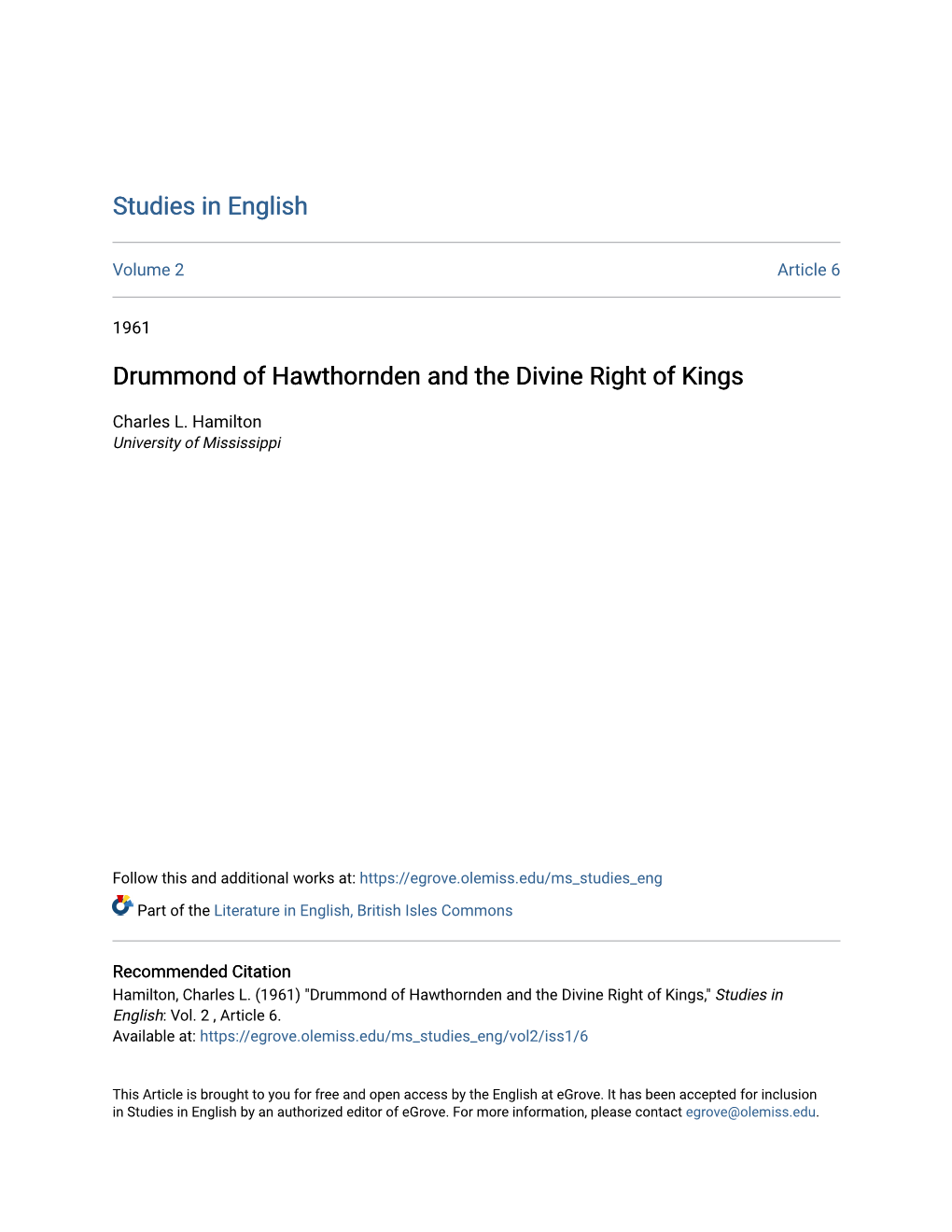 Drummond of Hawthornden and the Divine Right of Kings