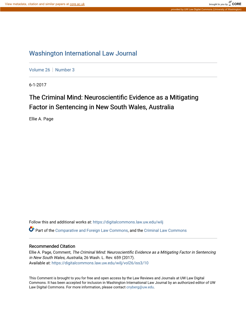 The Criminal Mind: Neuroscientific Evidence As a Mitigating Factor in Sentencing in New South Wales, Australia