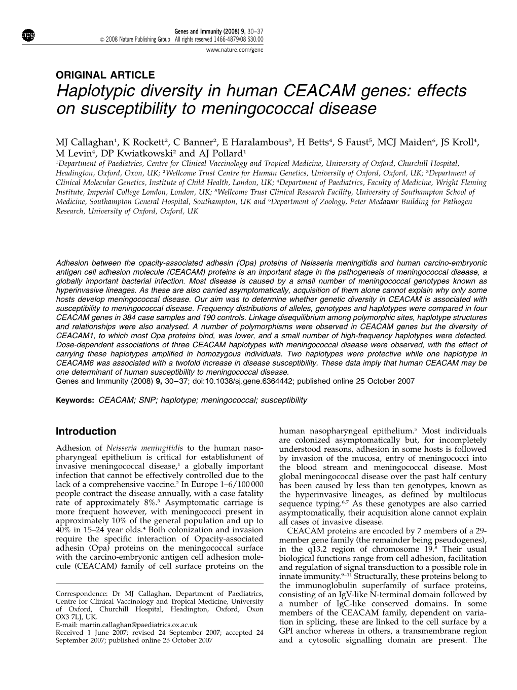 Effects on Susceptibility to Meningococcal Disease