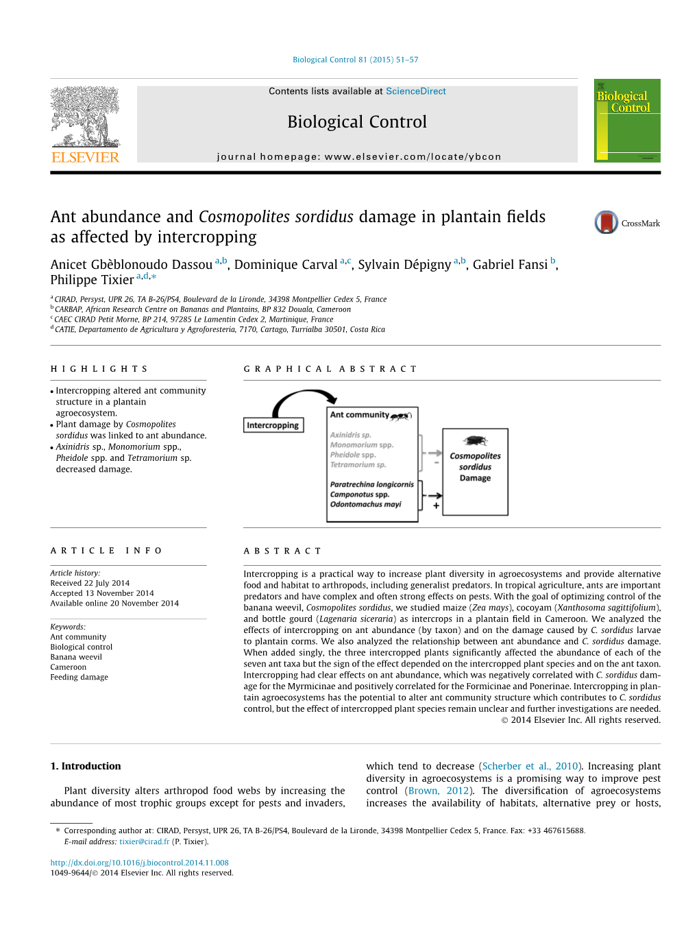 Ant Abundance and Cosmopolites Sordidus Damage in Plantain Fields As Affected by Intercropping