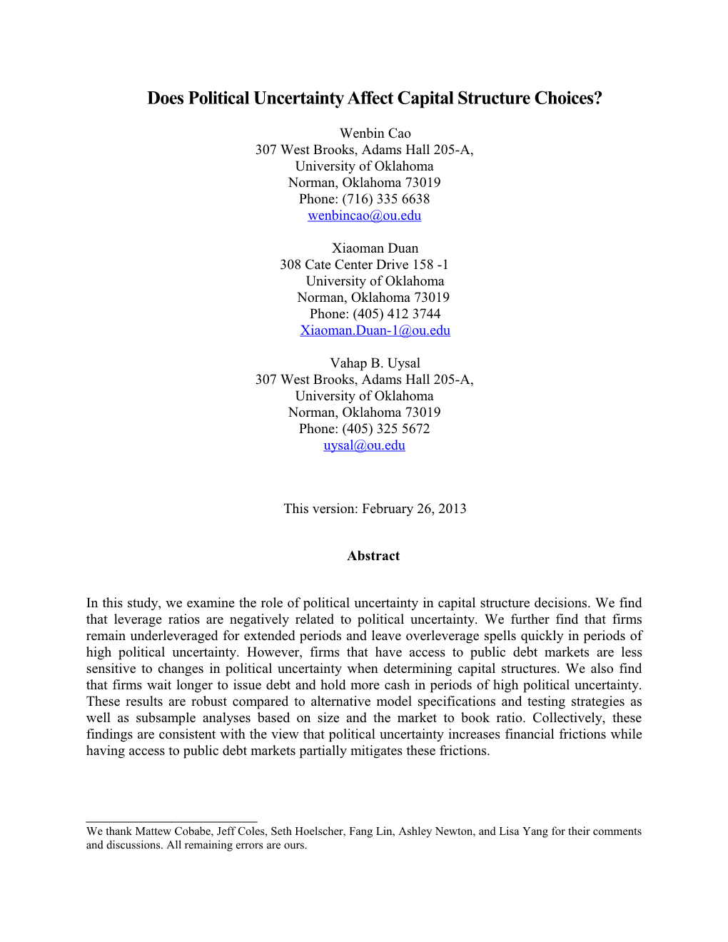 Does Political Uncertainty Affect Capital Structure Choices?