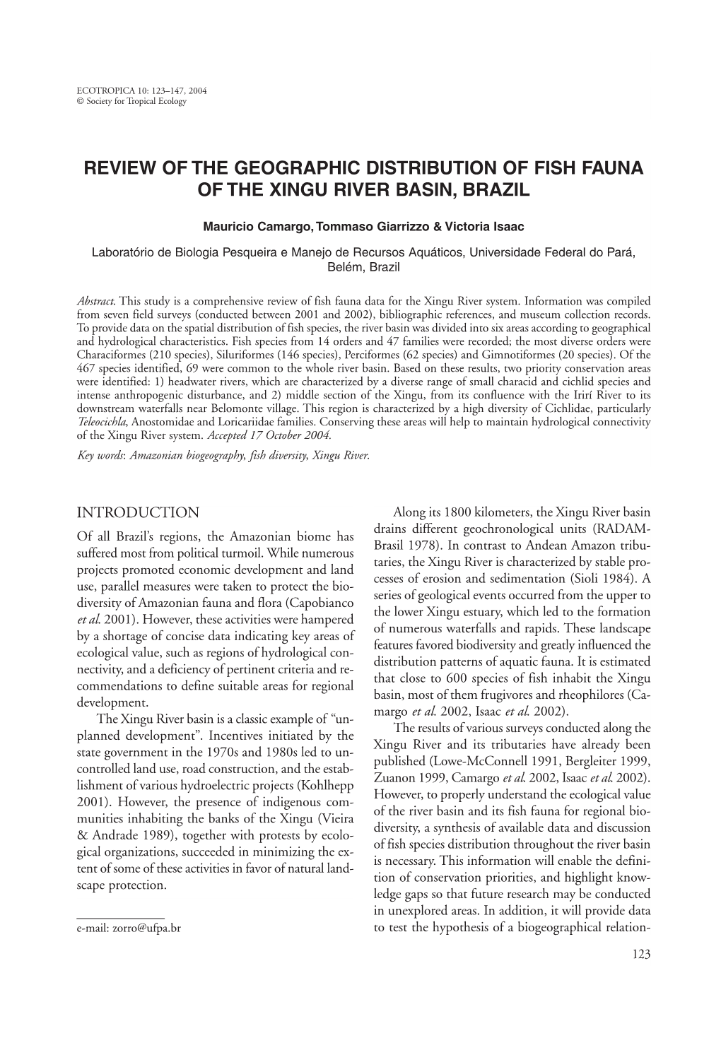 Review of the Geographic Distribution of Fish Fauna of the Xingu River Basin, Brazil
