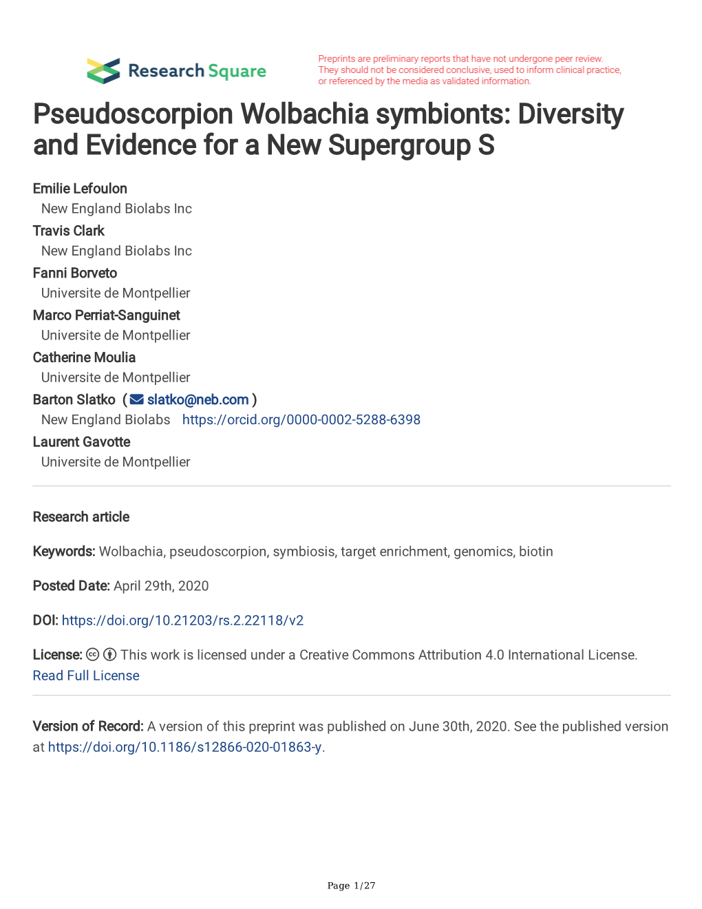 Pseudoscorpion Wolbachia Symbionts: Diversity and Evidence for a New Supergroup S