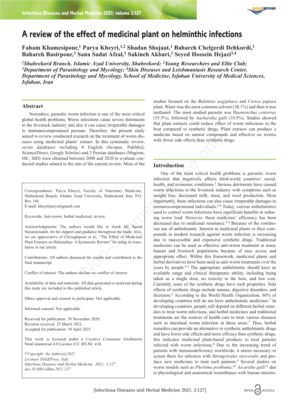 A Review of the Effect of Medicinal Plant on Helminthic Infections