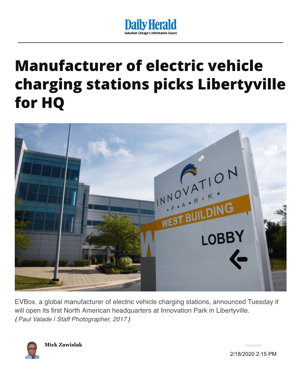 Manufacturer of Electric Vehicle Charging Stations Picks Libertyville for HQ