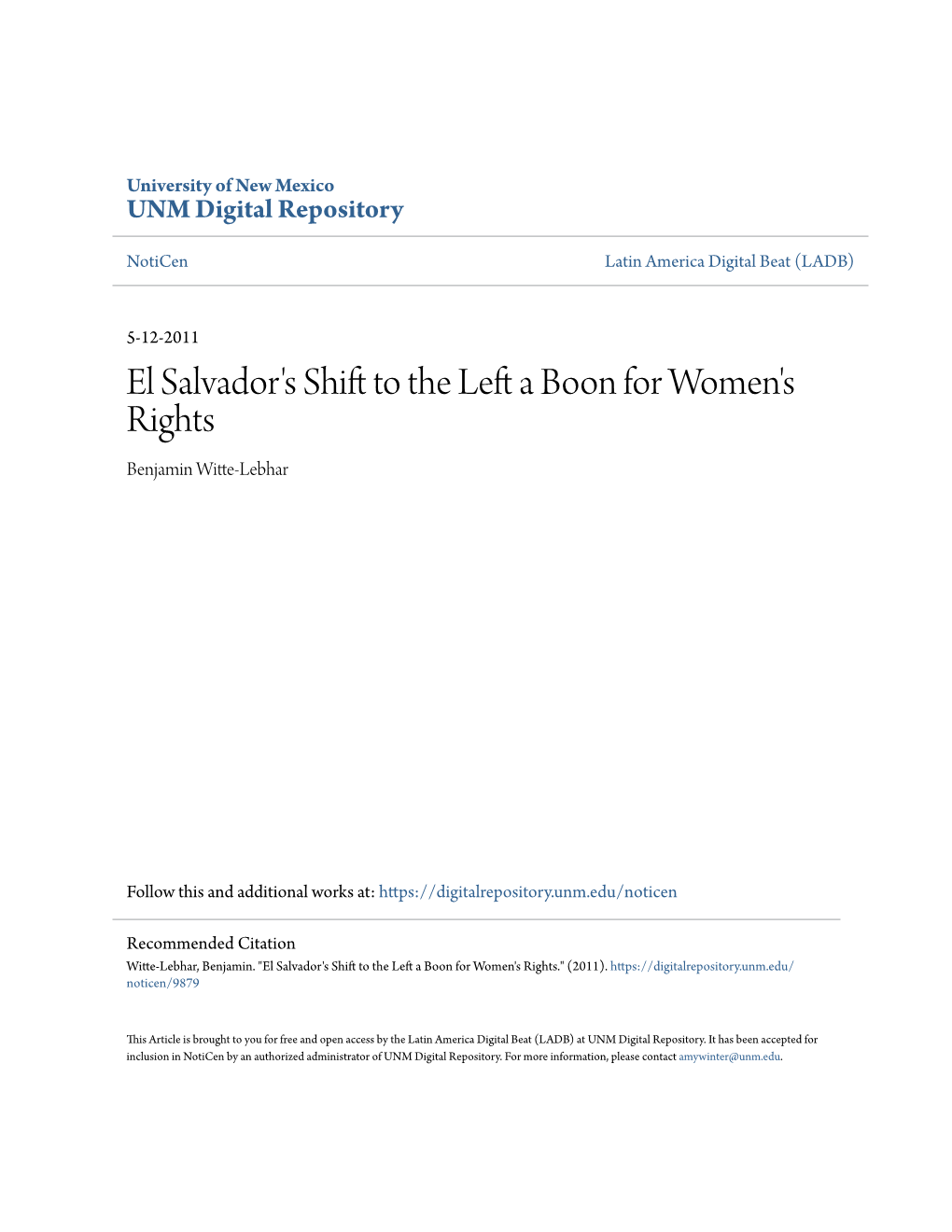 El Salvador's Shift to the Left a Boon for Women's Rights by Benjamin Witte-Lebhar Category/Department: El Salvador Published: Thursday, May 12, 2011