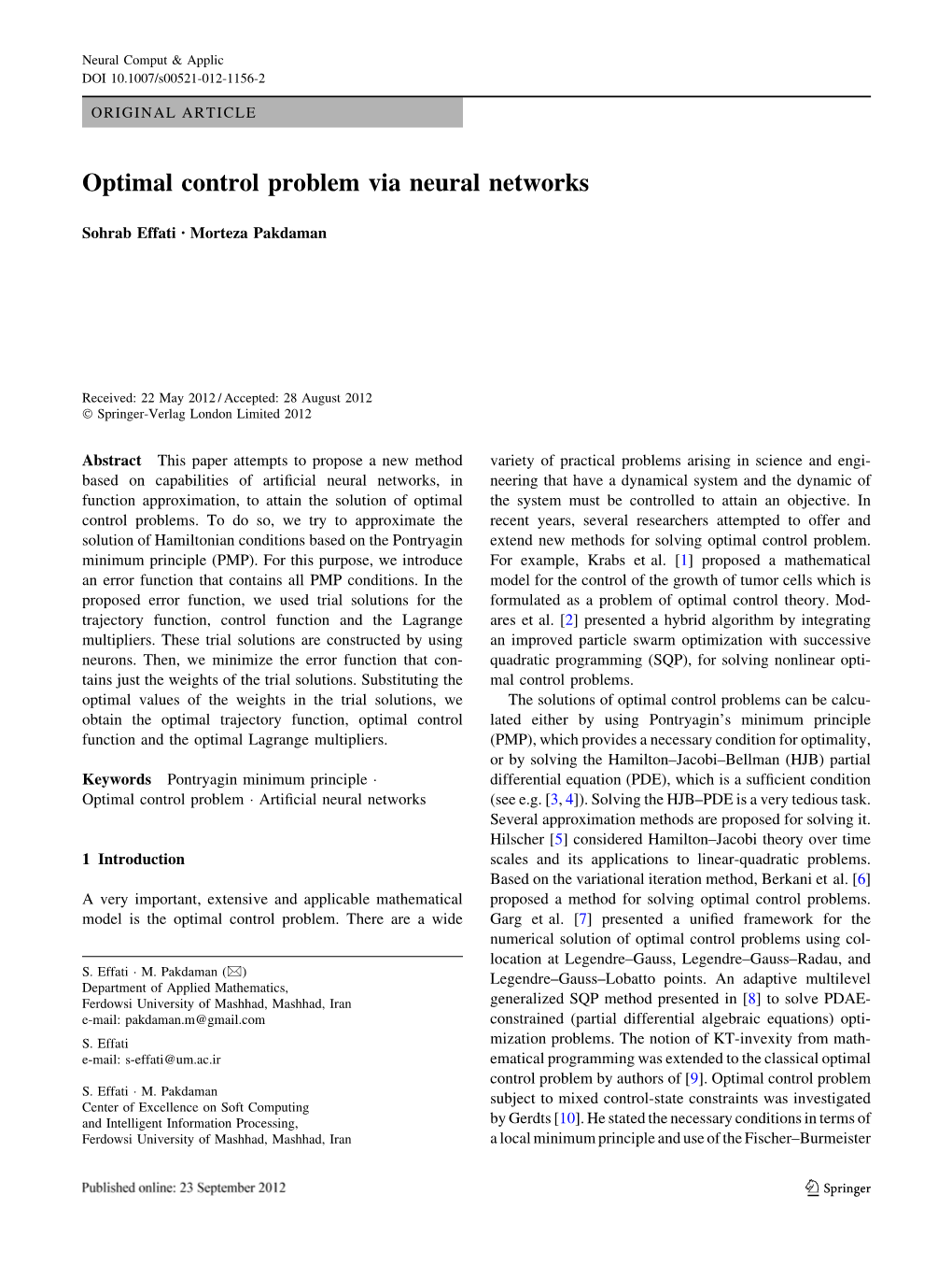 Optimal Control Problem Via Neural Networks