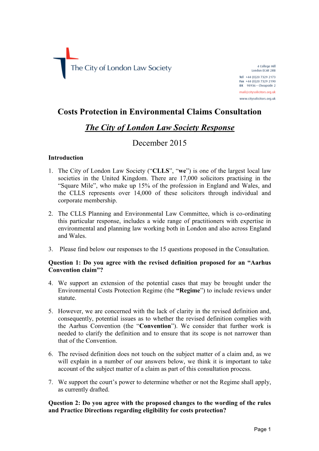 Costs Protection in Environmental Claims Consultation the City of London Law Society Response December 2015