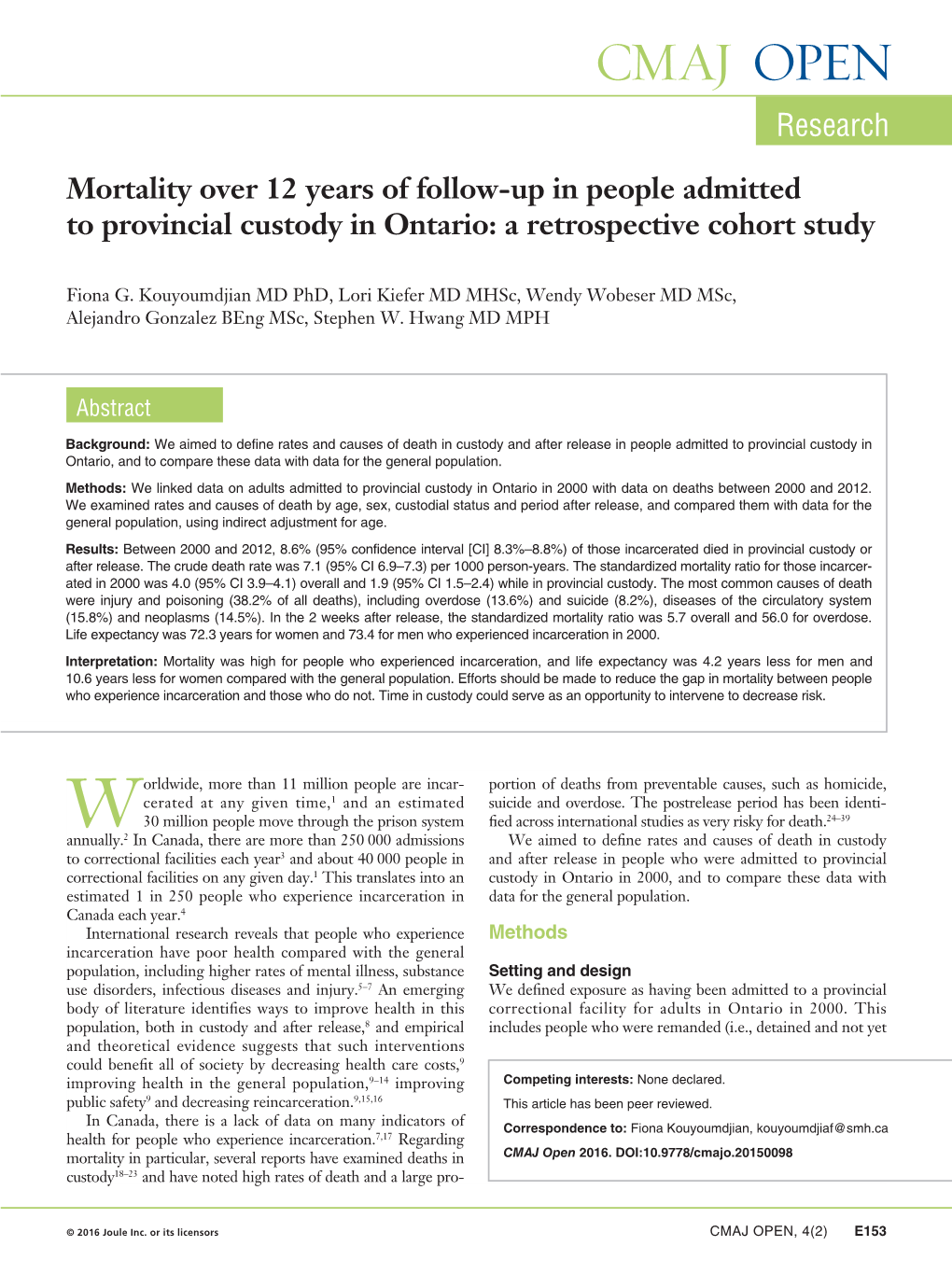 Mortality Over 12 Years of Follow-Up in People Admitted to Provincial Custody in Ontario: a Retrospective Cohort Study