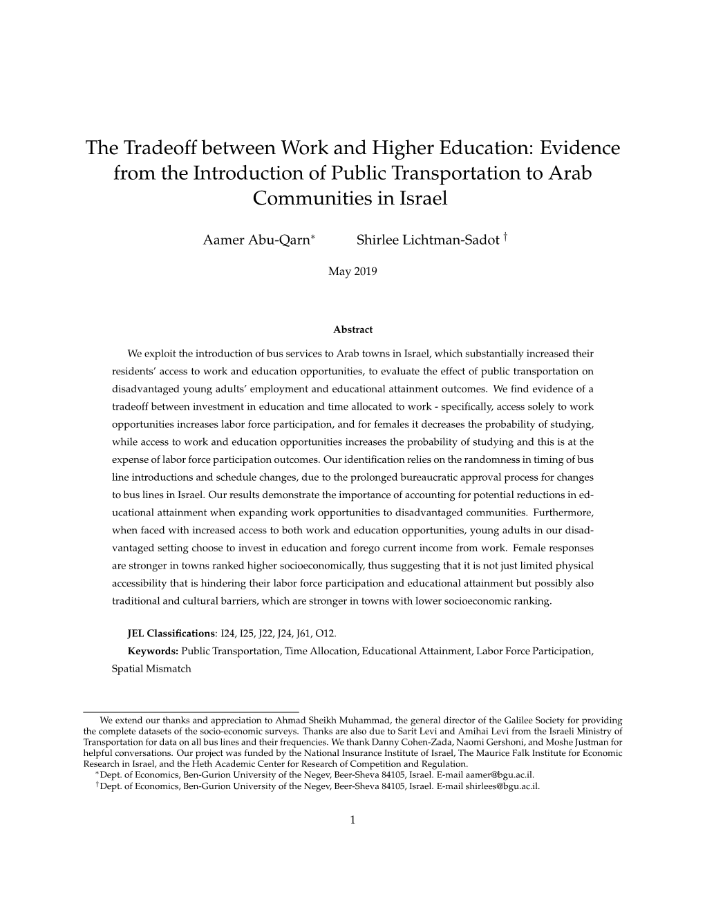 The Tradeoff Between Work and Higher Education: Evidence from the Introduction of Public Transportation to Arab Communities in Israel