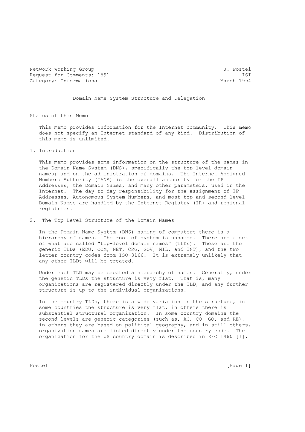 Network Working Group J. Postel Request for Comments: 1591 ISI Category: Informational March 1994