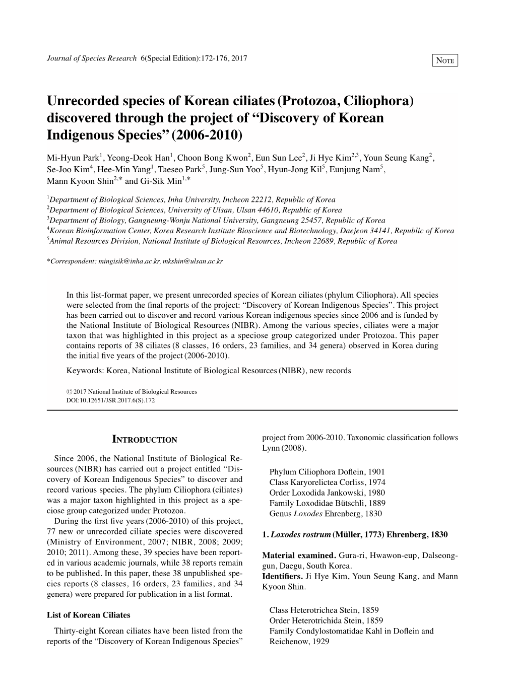 Discovery of Korean Indigenous Species” (2006-2010)