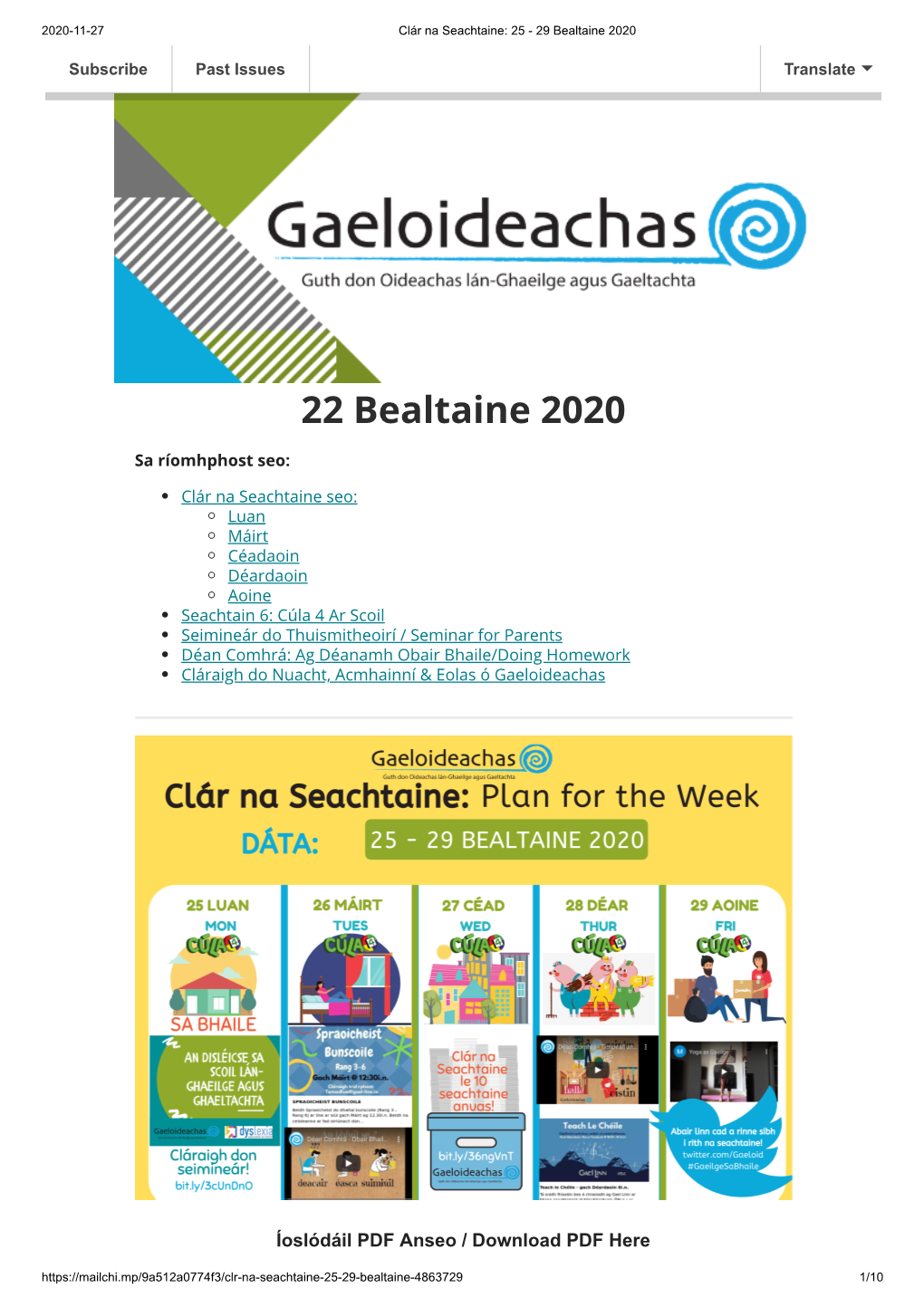 Clár Na Seachtaine 22 Bealtaine 2020