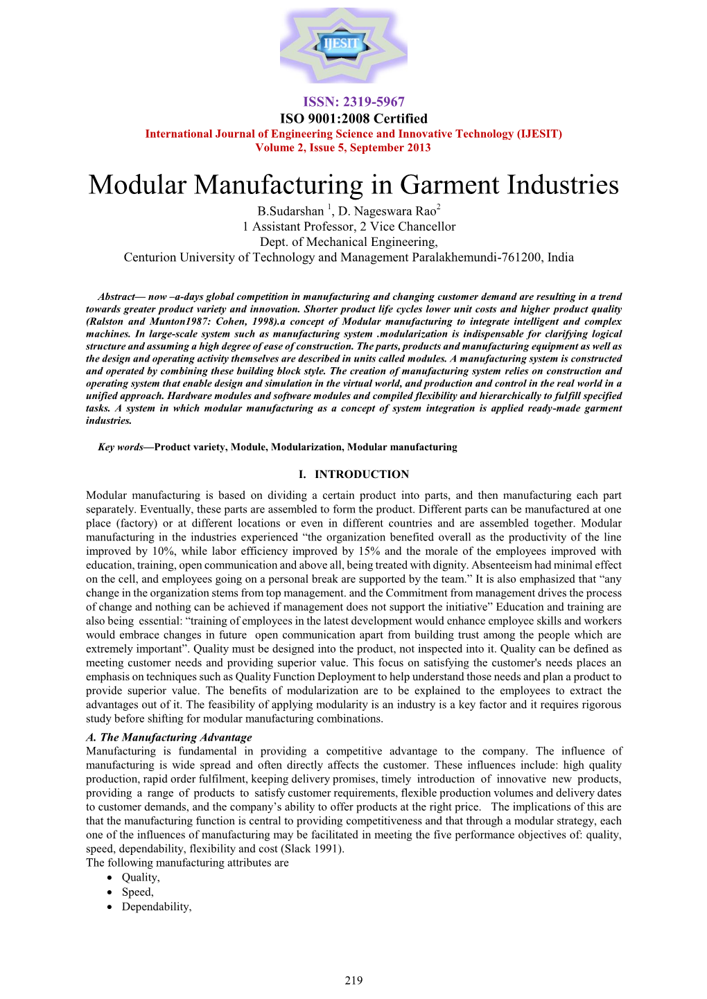 Modular Manufacturing in Garment Industries B.Sudarshan 1, D