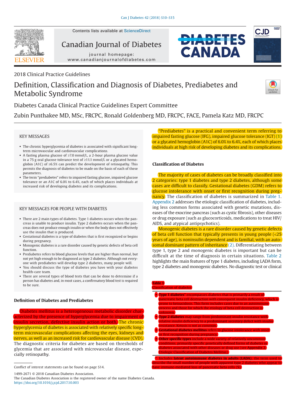 Definition, Classification and Diagnosis of Diabetes, Prediabetes