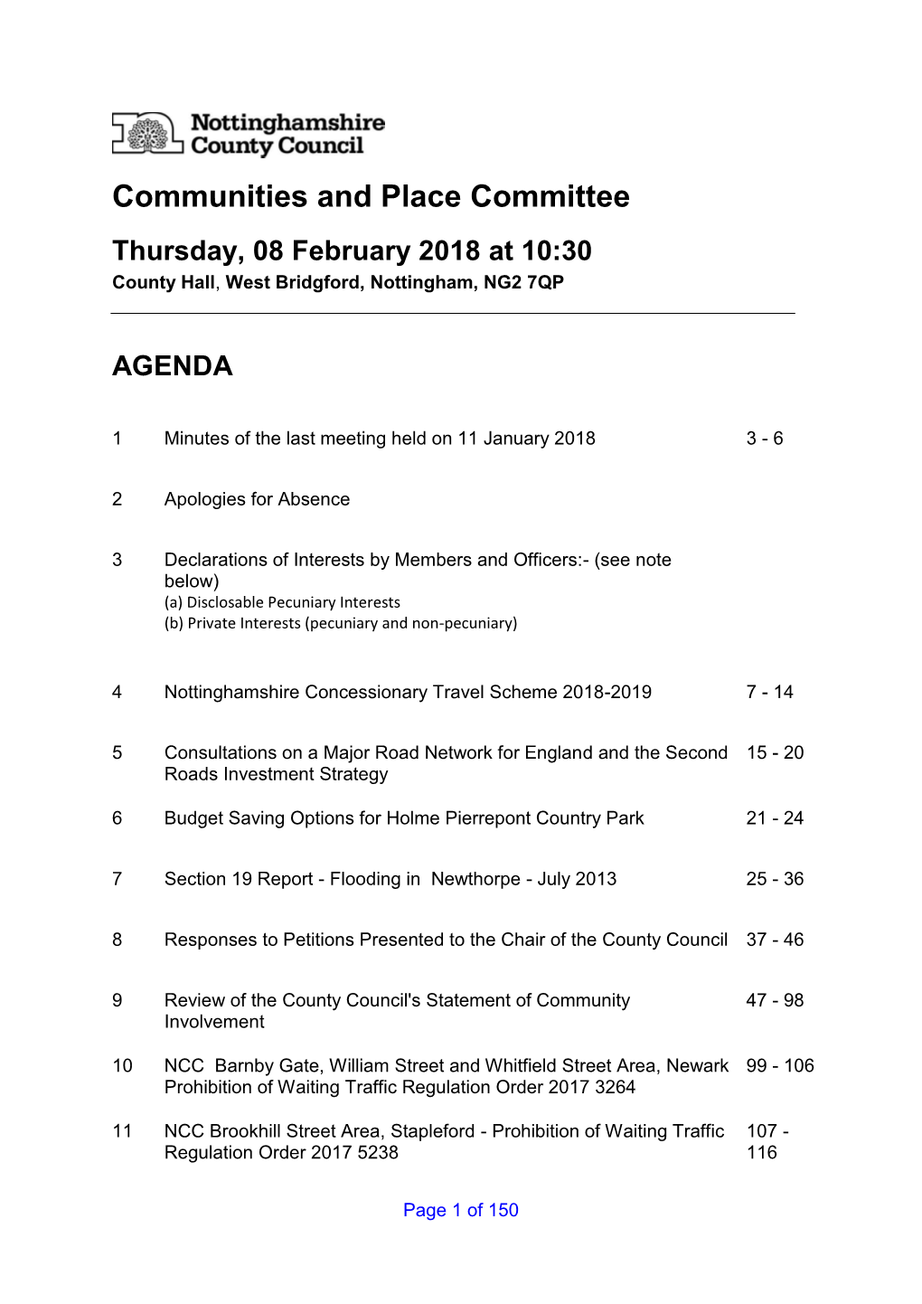 Communities and Place Committee Thursday, 08 February 2018 at 10:30 County Hall, West Bridgford, Nottingham, NG2 7QP