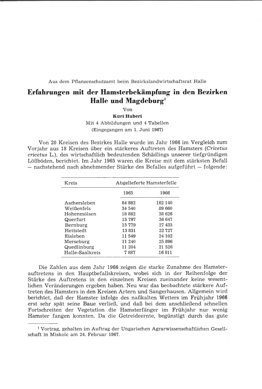 Erfahrungen Mit Der Hamsterbekämpfung in Den Bezirken Halle Und Magdeburg1 Von Kurt Hubert Mit 4 Abbildungen Und 4 Tabellen (Eingegangen Am 1