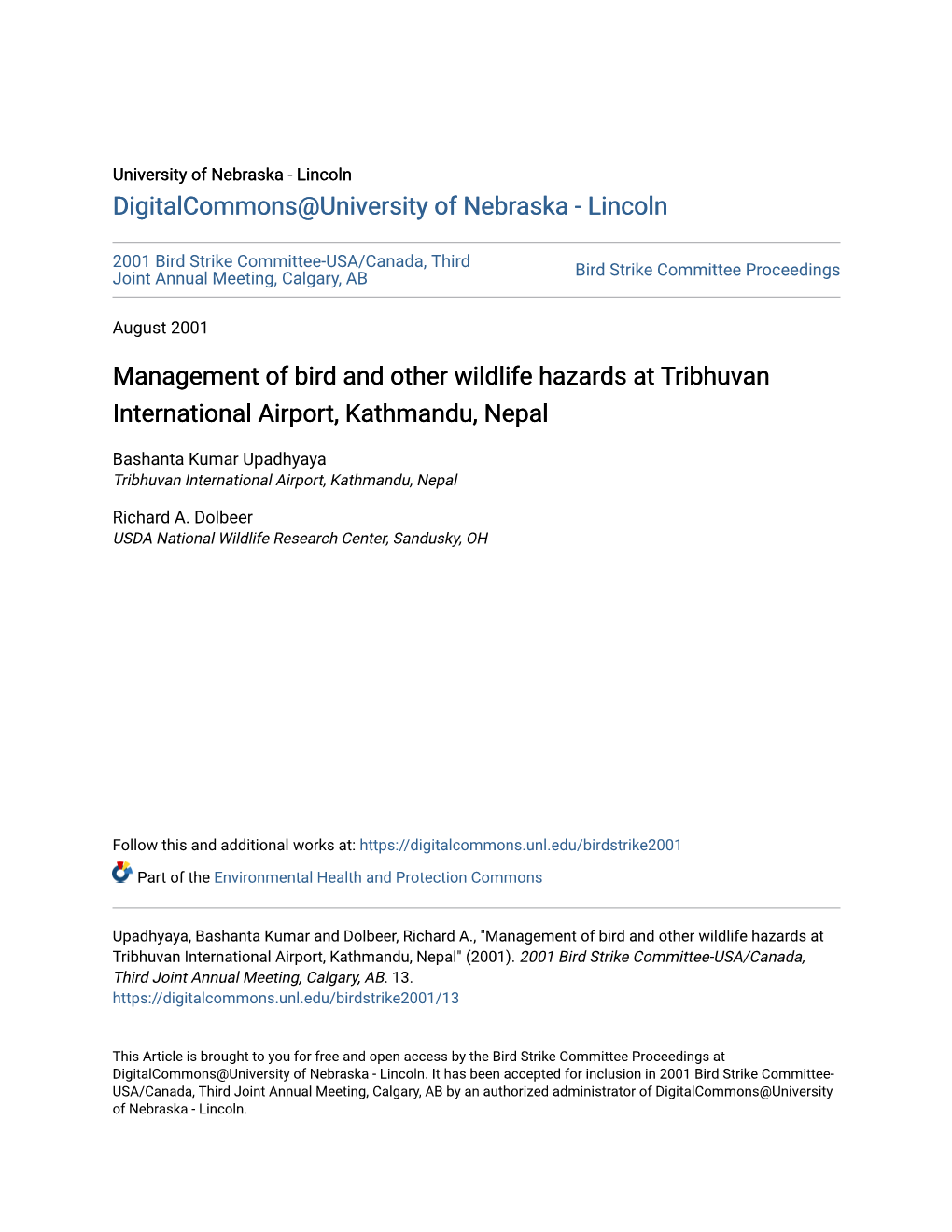 Management of Bird and Other Wildlife Hazards at Tribhuvan International Airport, Kathmandu, Nepal