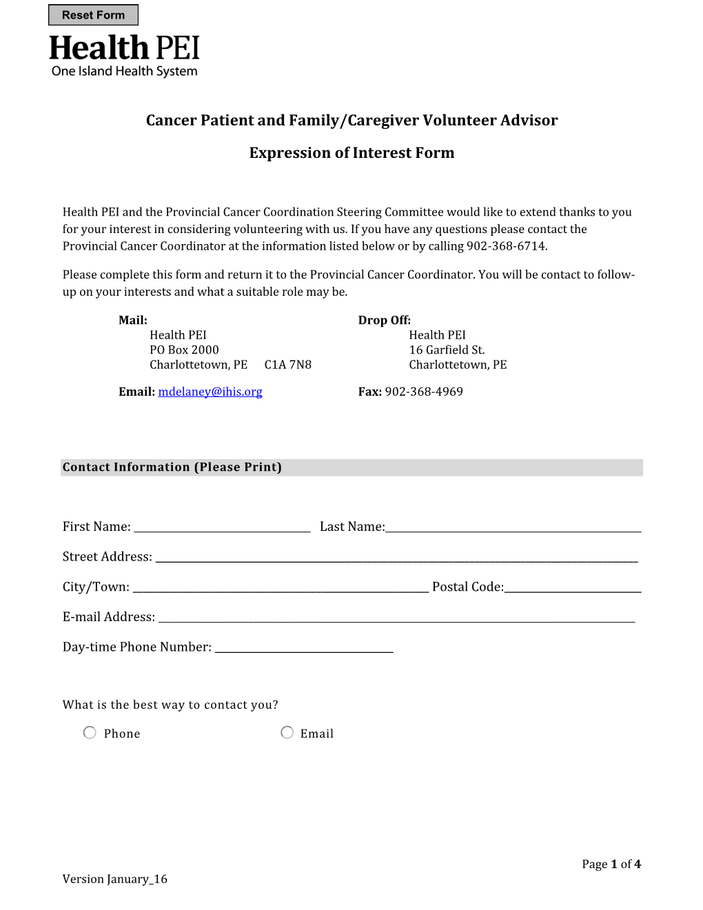 Cancer Patient and Family/Caregiver Volunteer Advisor Expression of Interest Form